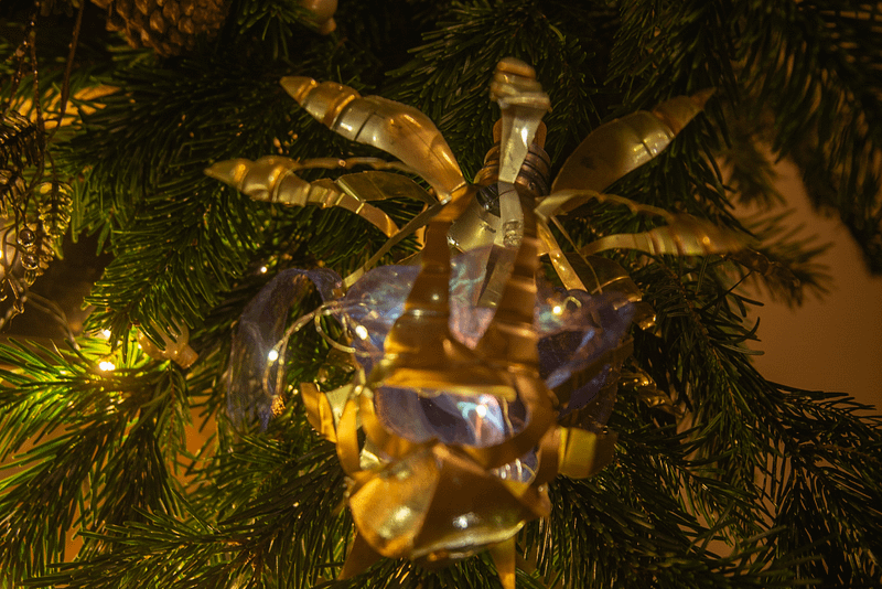 A Christmas tree is lit with a lit decoration that appears blurry and gold in colour.