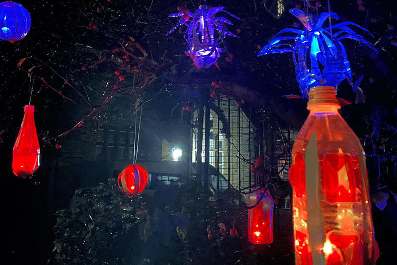 Some lit up bottles hang from a tree.