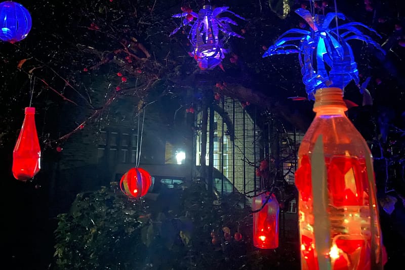 Some lit up bottles hang from a tree.